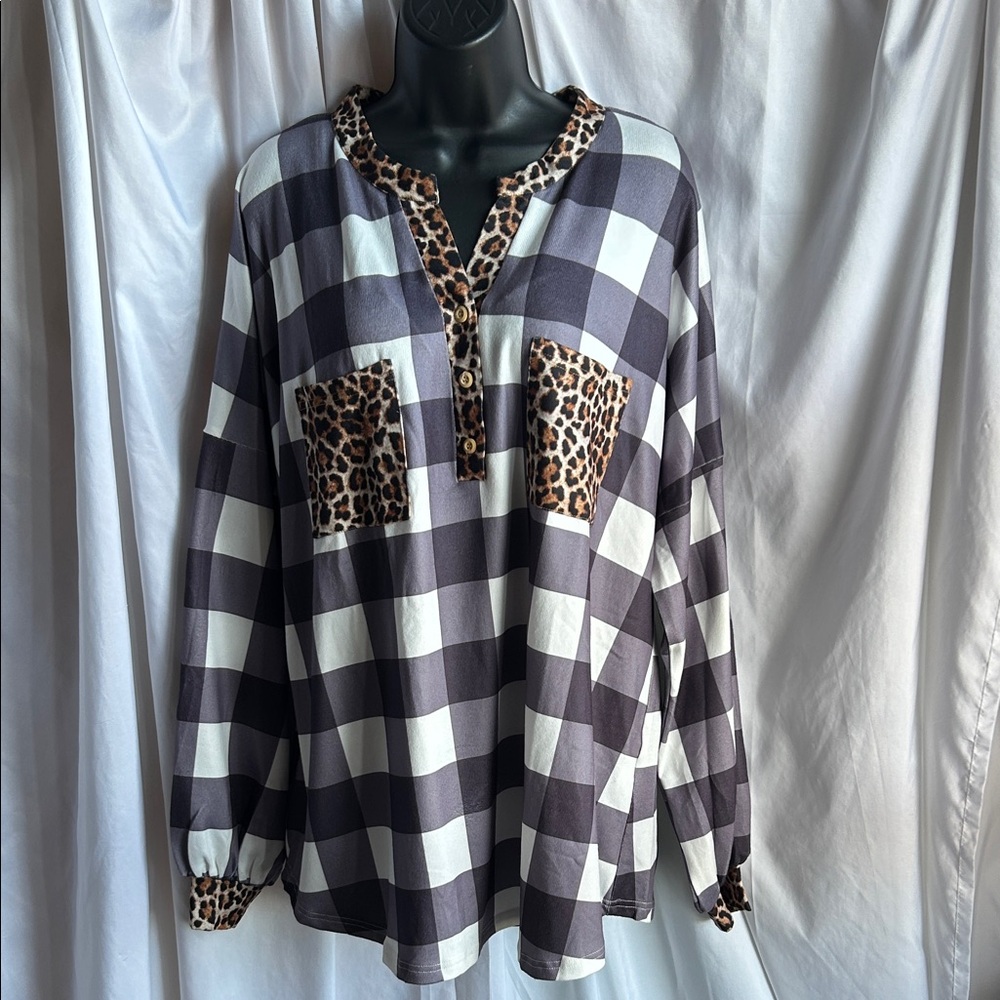 Southern Stitch Gray, Black and White Checkered Top with Leopard Accents